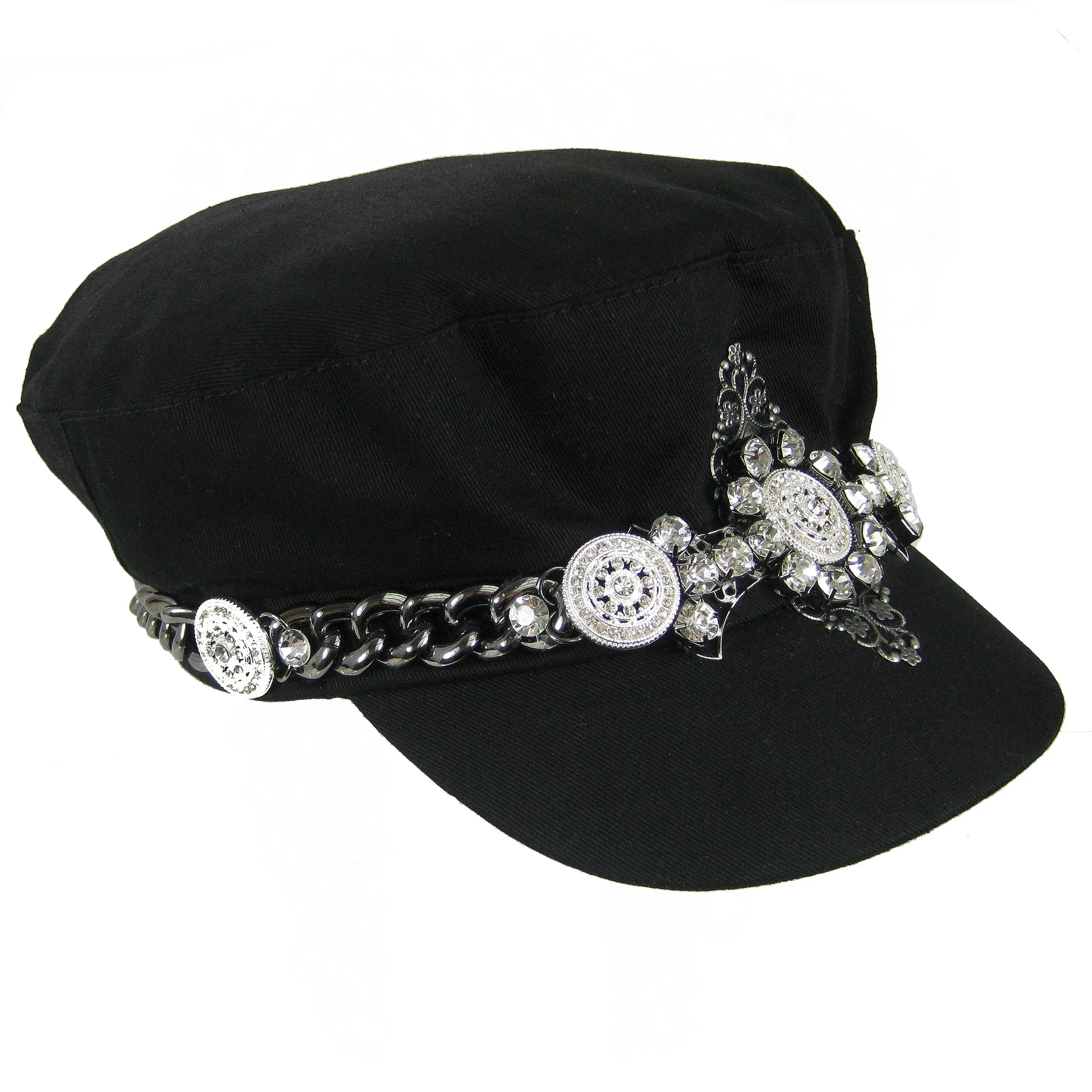 #1002h Black Newsboy Cap With Gunmetal Chain, Filigree & Rhinestone Embellishment