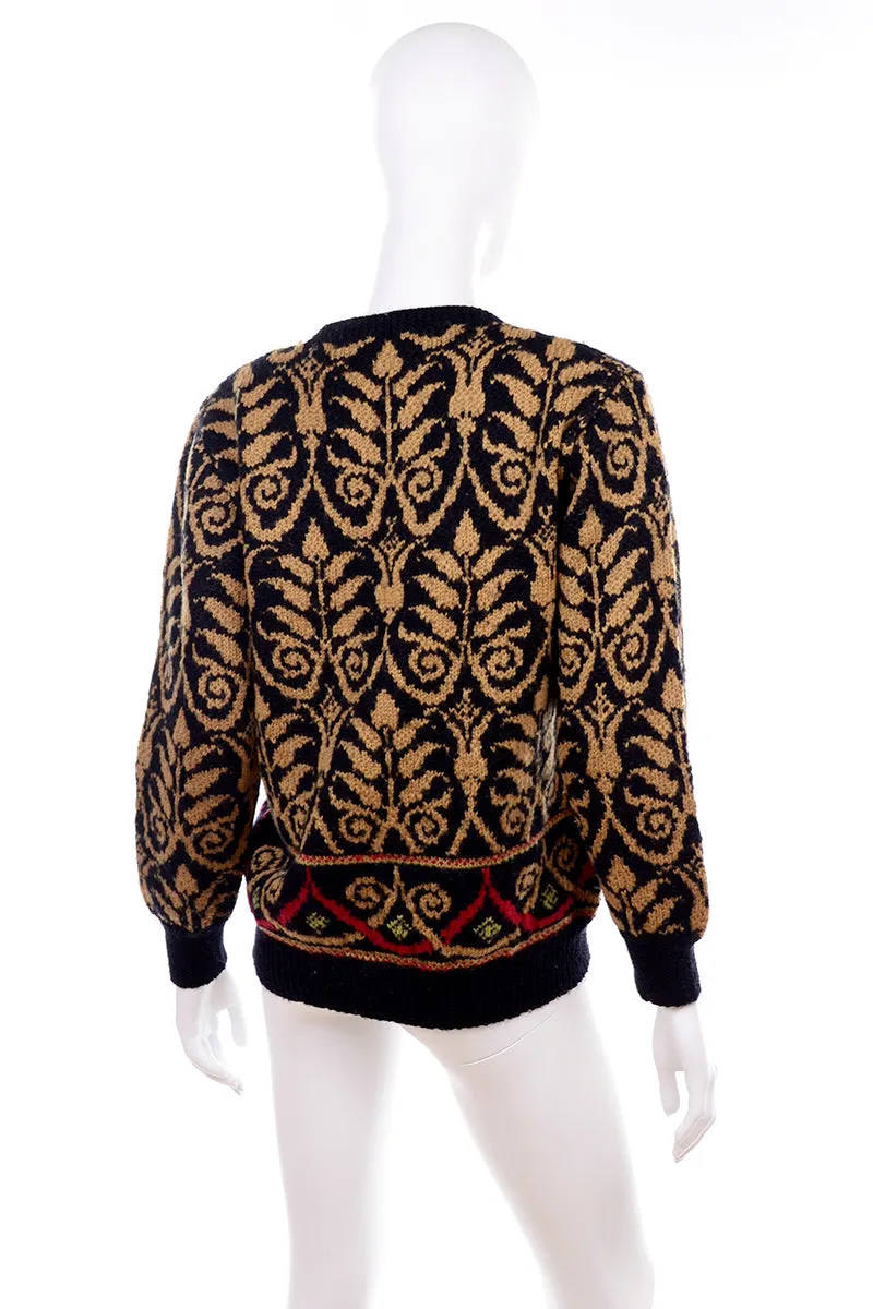 1990s Lena Stengard Black Wool Sweater w/ Botanical Gold Designs