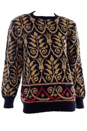 1990s Lena Stengard Black Wool Sweater w/ Botanical Gold Designs
