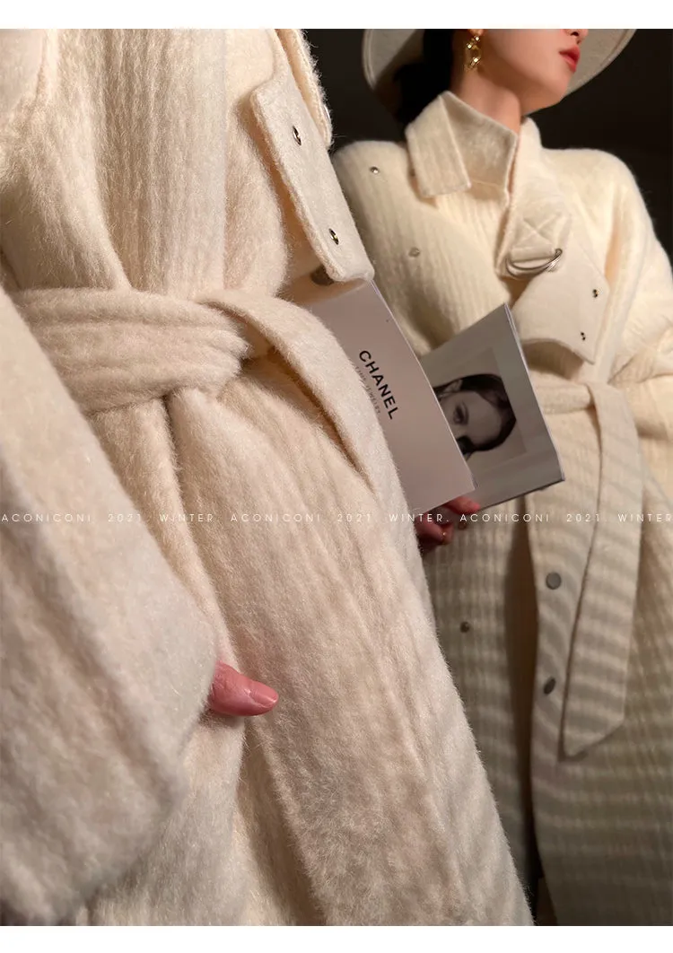 Aconiconi | Double-sided Feminine White Mid-Length wool Coat - Fuji
