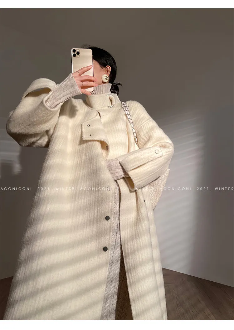 Aconiconi | Double-sided Feminine White Mid-Length wool Coat - Fuji