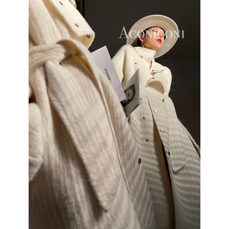 Aconiconi | Double-sided Feminine White Mid-Length wool Coat - Fuji