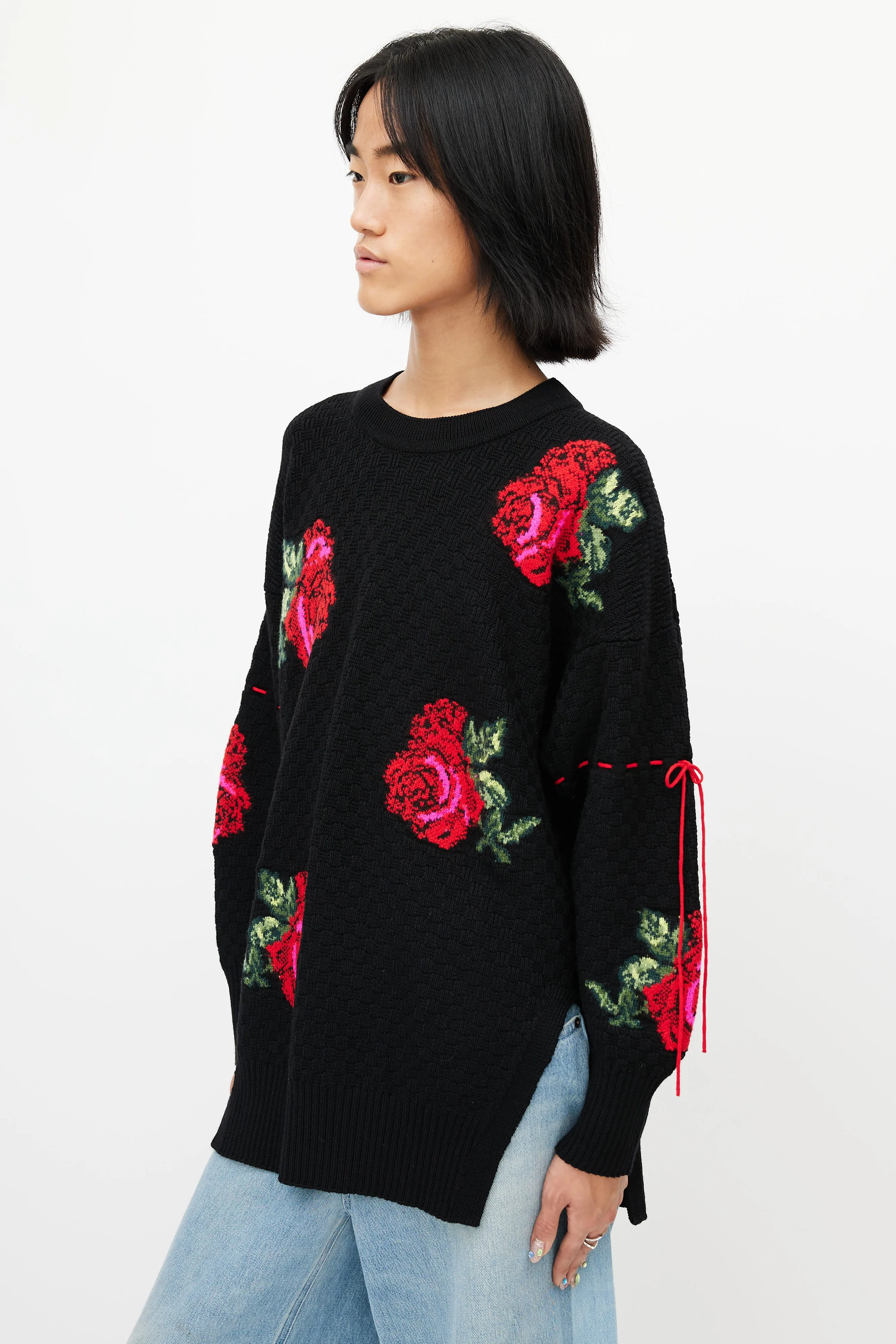 Black & Multicolour Knit Rose Sweater
