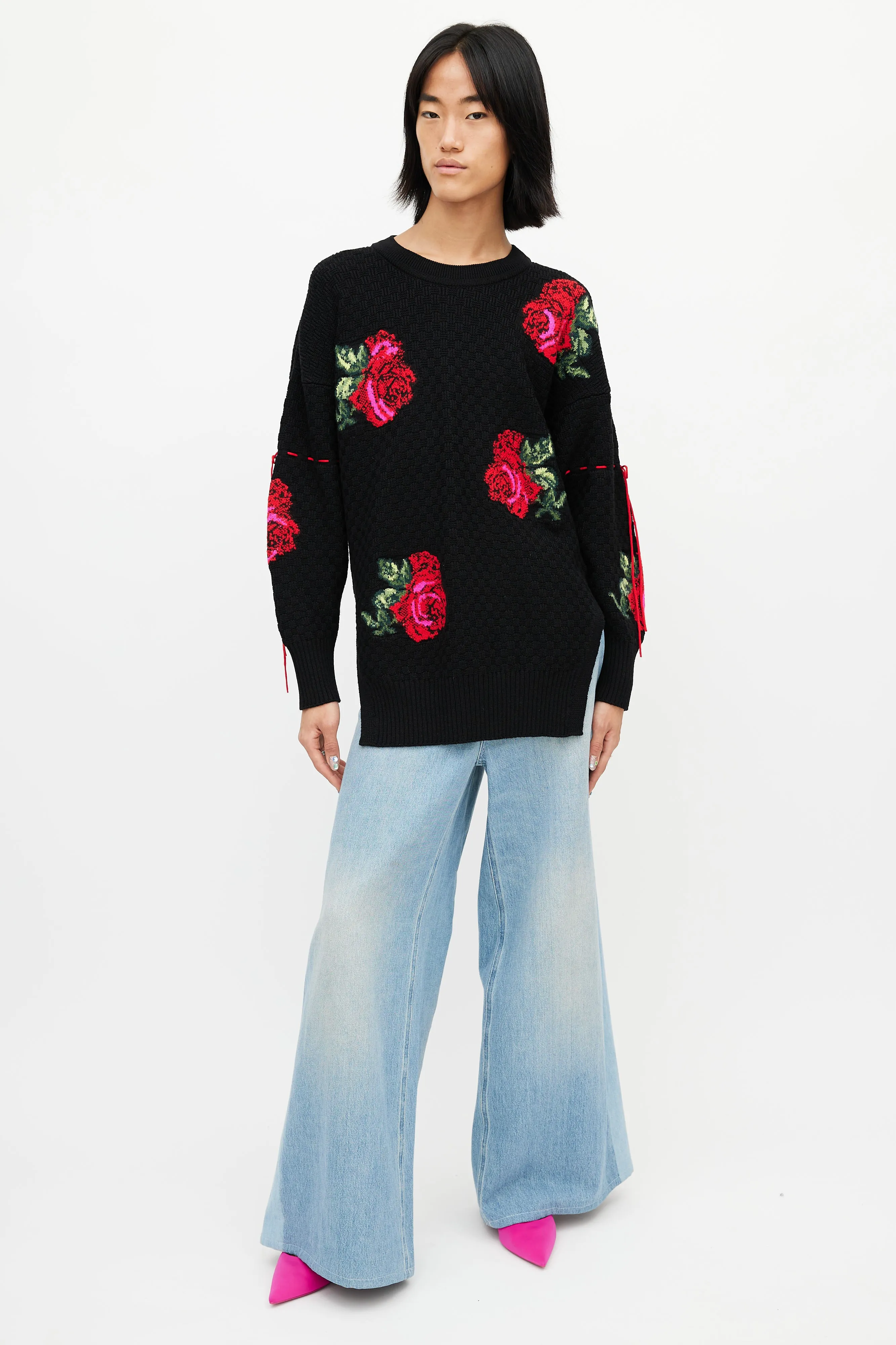 Black & Multicolour Knit Rose Sweater