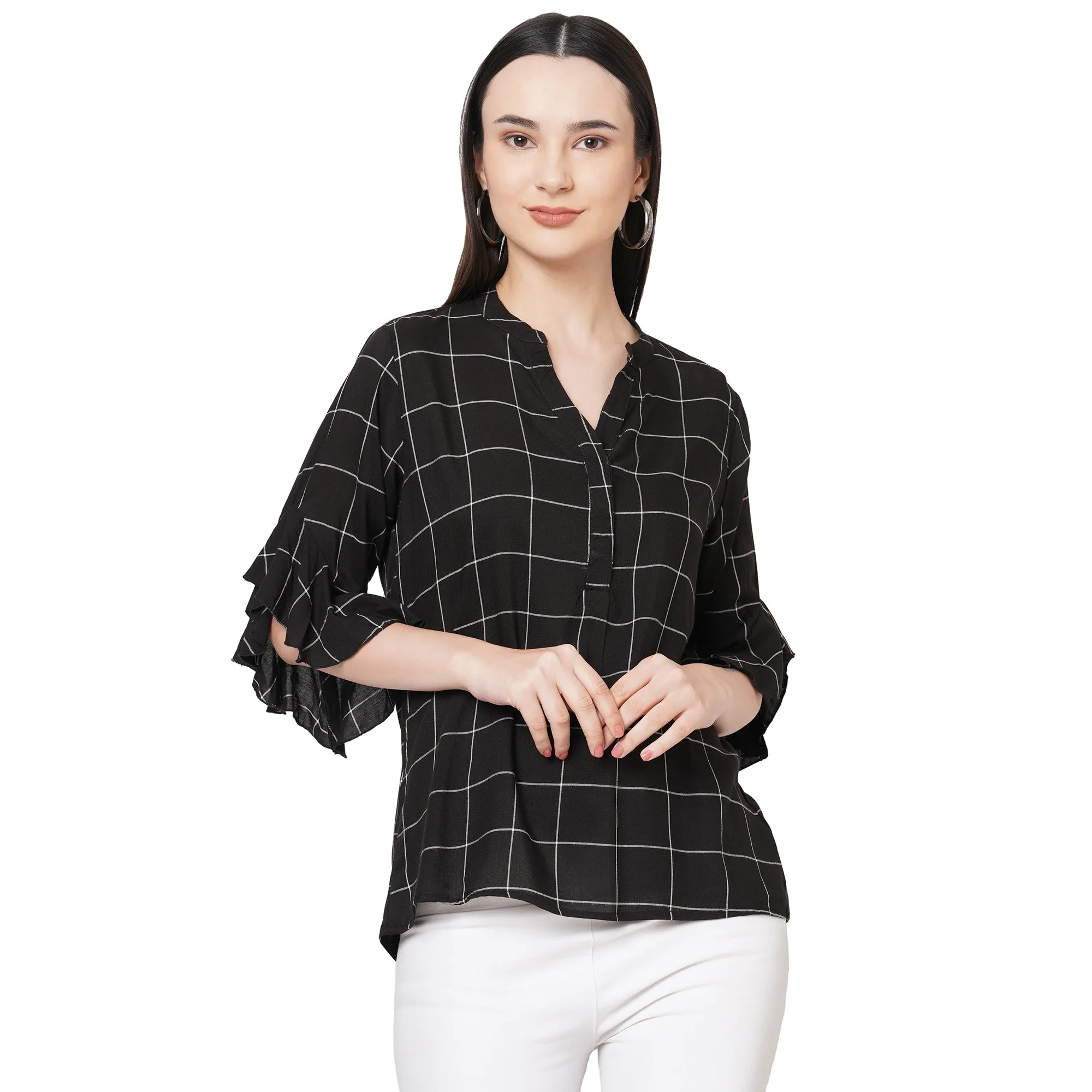 Black Checkered Mandarin Collar Top For Women