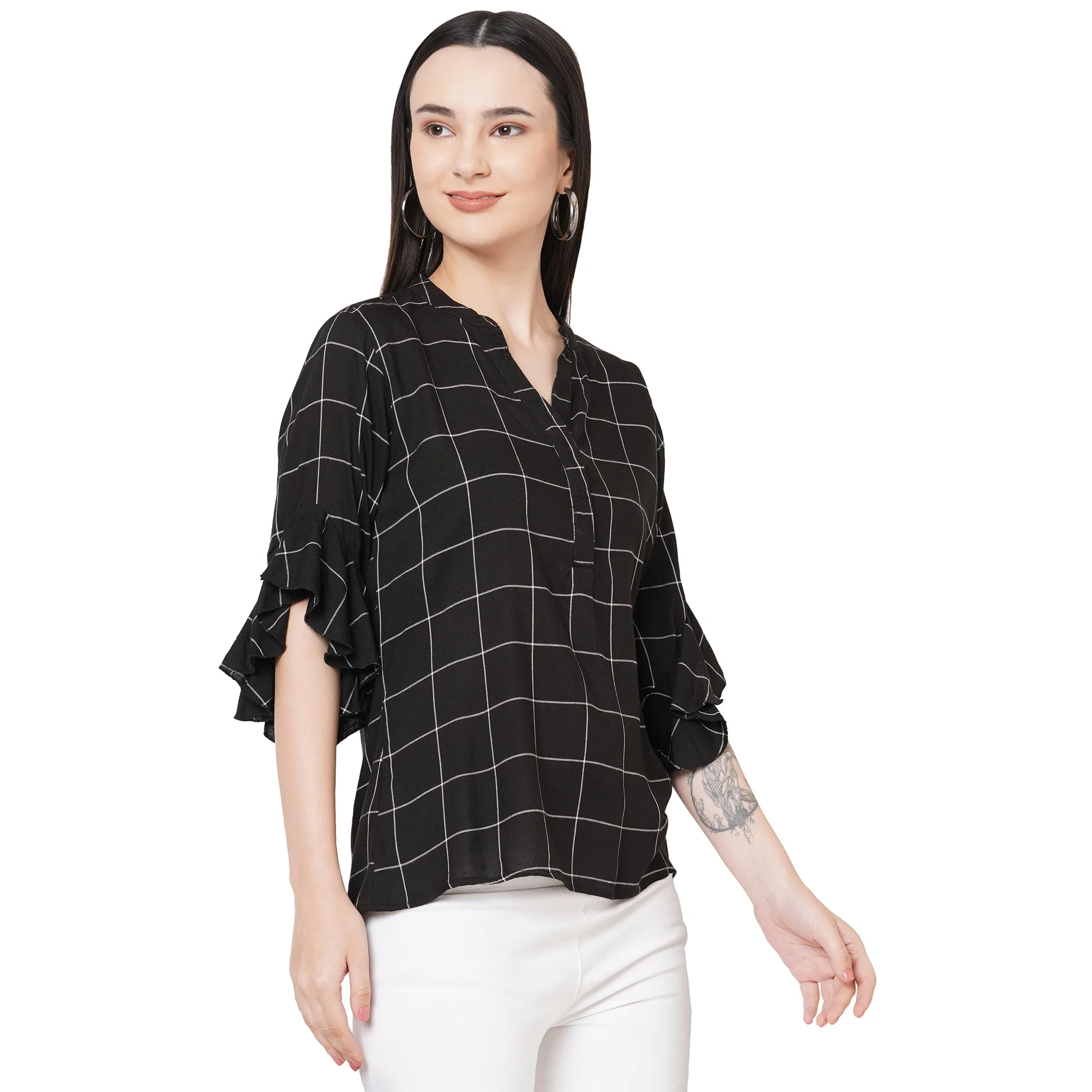 Black Checkered Mandarin Collar Top For Women