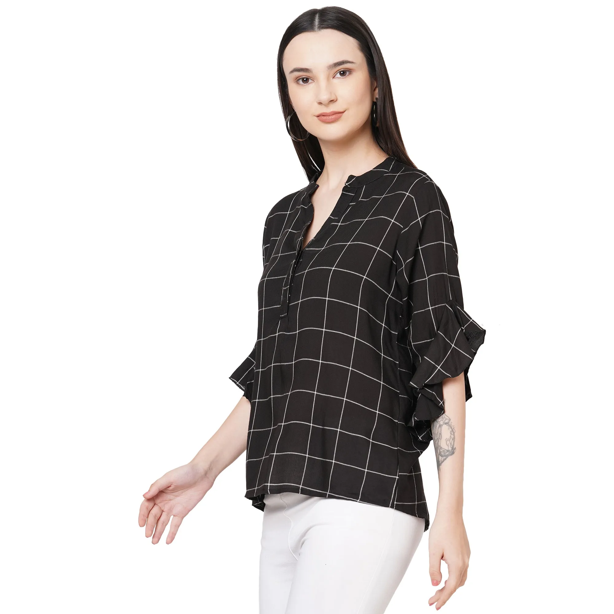 Black Checkered Mandarin Collar Top For Women