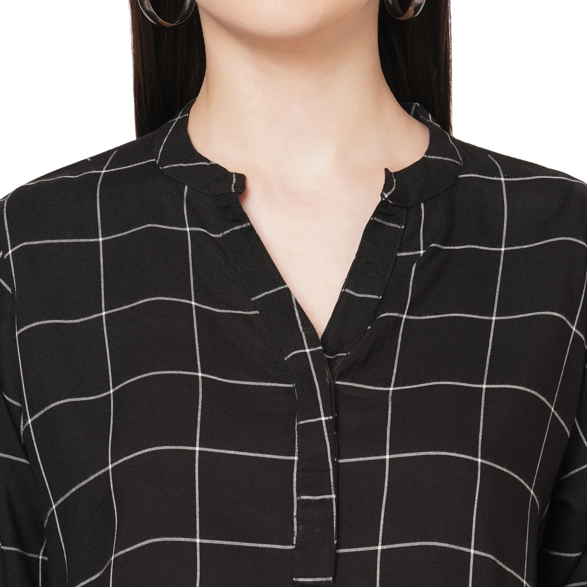 Black Checkered Mandarin Collar Top For Women