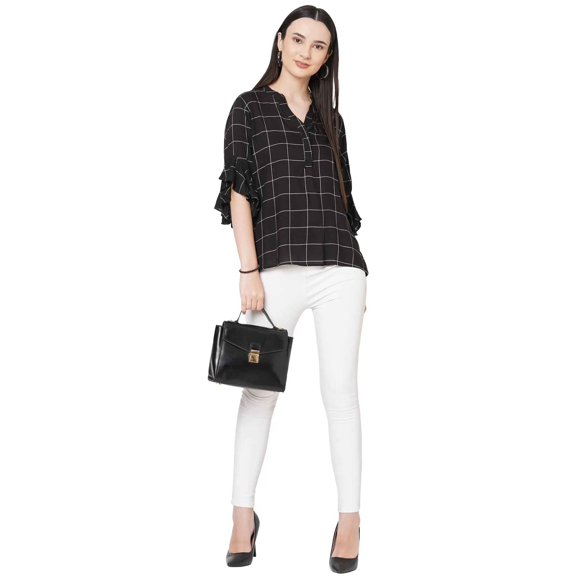 Black Checkered Mandarin Collar Top For Women