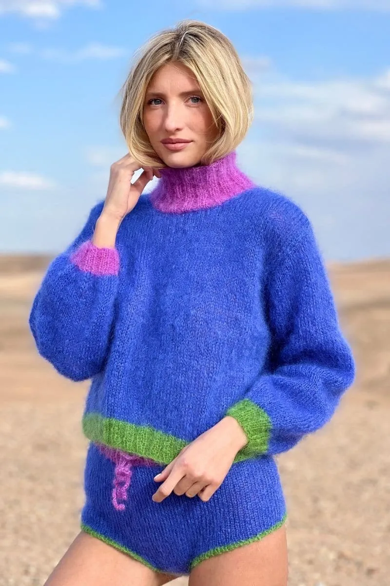 BLUE COLORBLOCK MOCK NECK MOHAIR SWEATER