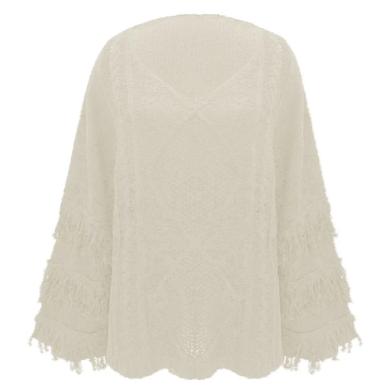 Cable Knit Scoop Tassels Women Loose Short Sweater