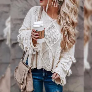 Cable Knit Scoop Tassels Women Loose Short Sweater