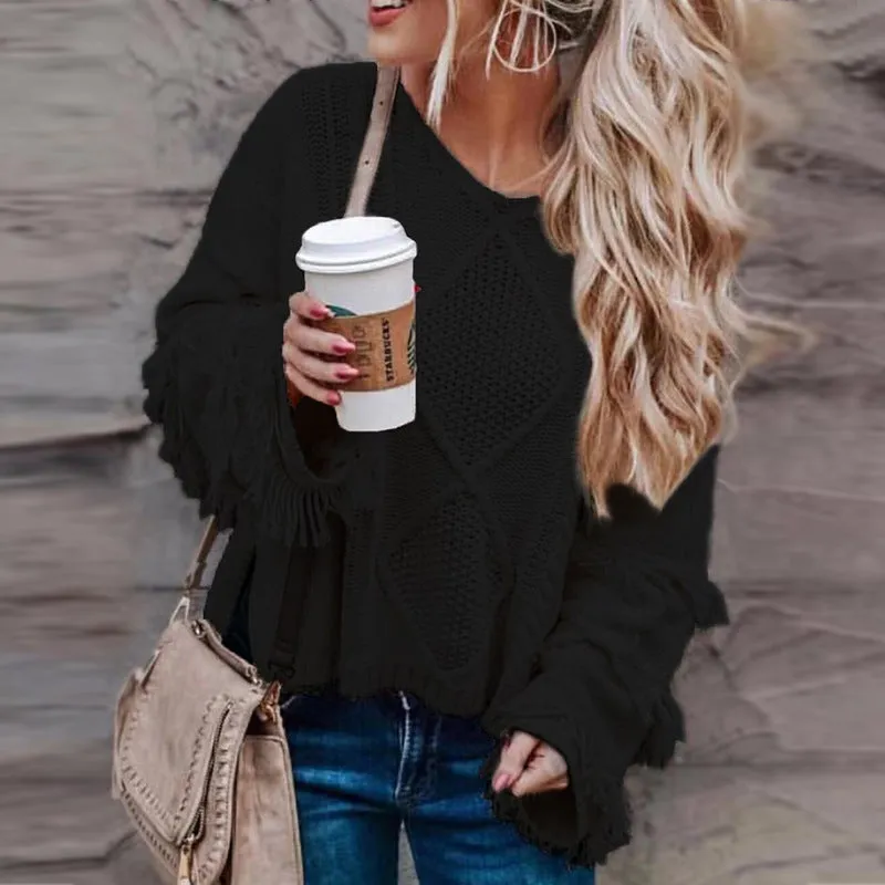 Cable Knit Scoop Tassels Women Loose Short Sweater