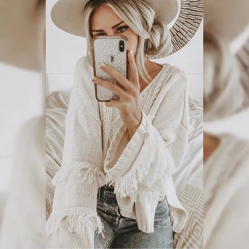 Cable Knit Scoop Tassels Women Loose Short Sweater