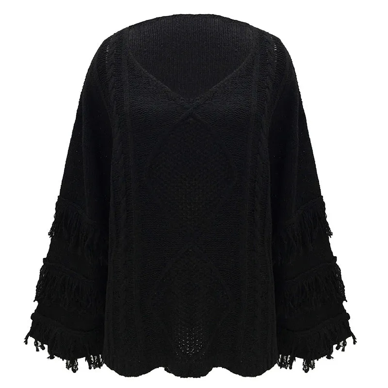Cable Knit Scoop Tassels Women Loose Short Sweater