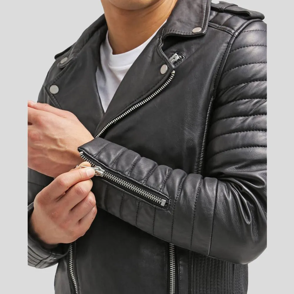 Cain Black Slim Fit Biker Leather Jacket for Men