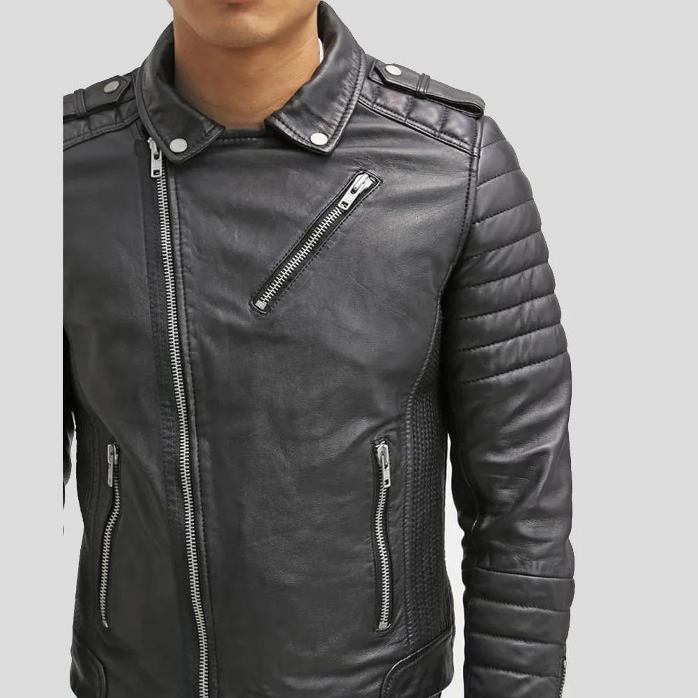 Cain Black Slim Fit Biker Leather Jacket for Men