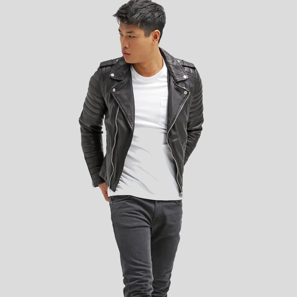 Cain Black Slim Fit Biker Leather Jacket for Men