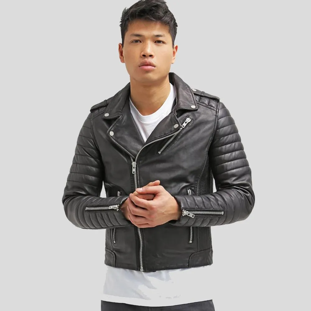 Cain Black Slim Fit Biker Leather Jacket for Men
