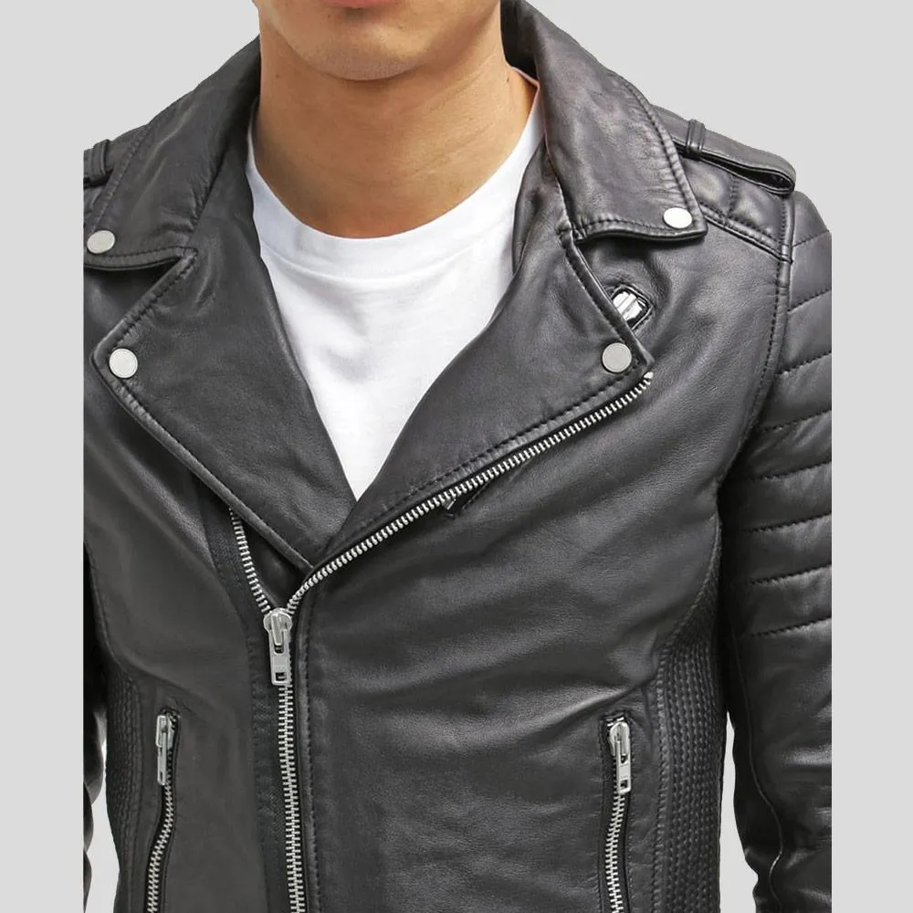 Cain Black Slim Fit Biker Leather Jacket for Men