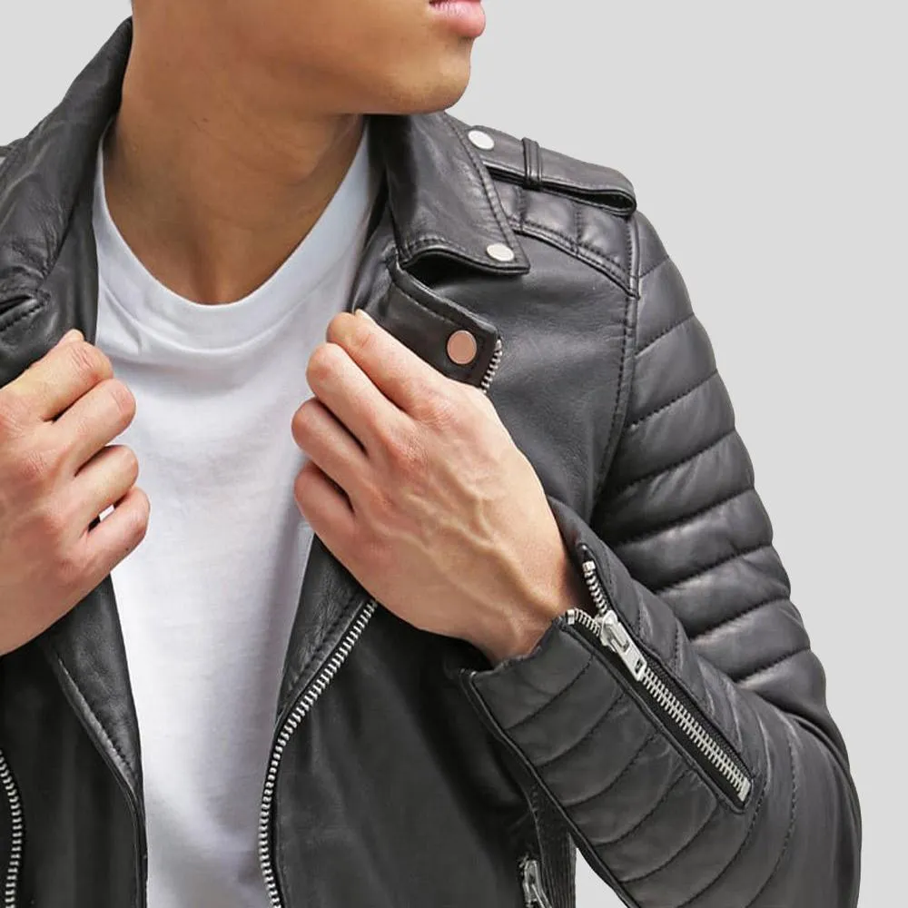 Cain Black Slim Fit Biker Leather Jacket for Men