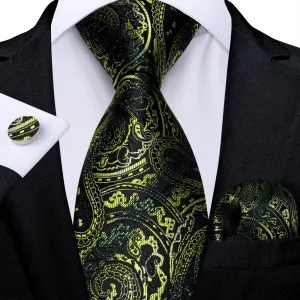 Classic Black Green Floral Silk Necktie Pocket Square Cufflinks Set