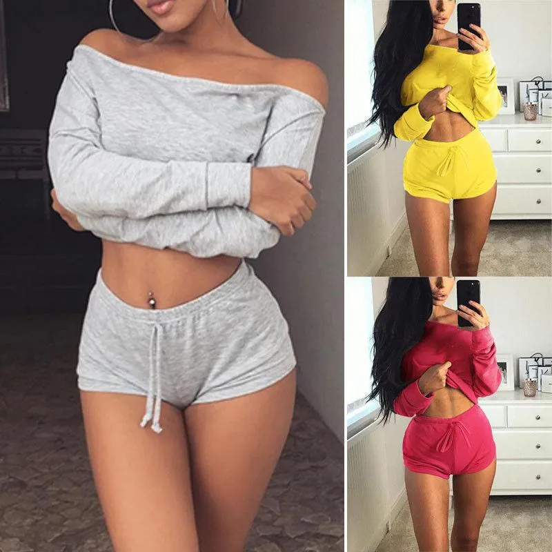 Clearance Off Shoulder Loose Crop Top with Shorts Two Pieces Set
