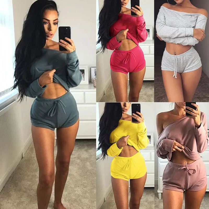 Clearance Off Shoulder Loose Crop Top with Shorts Two Pieces Set