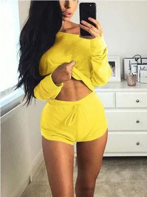 Clearance Off Shoulder Loose Crop Top with Shorts Two Pieces Set