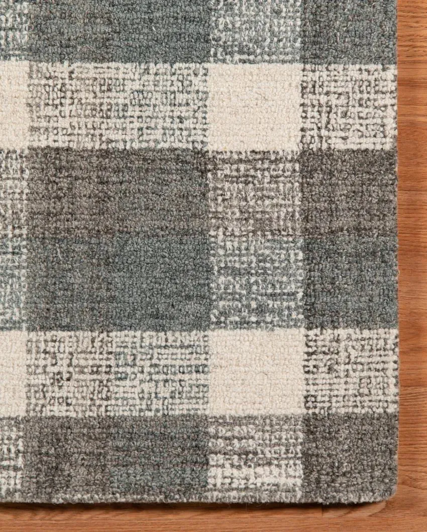 Dark Grey Wool Plaid Pattern Hand-Tufted Rug Carpet