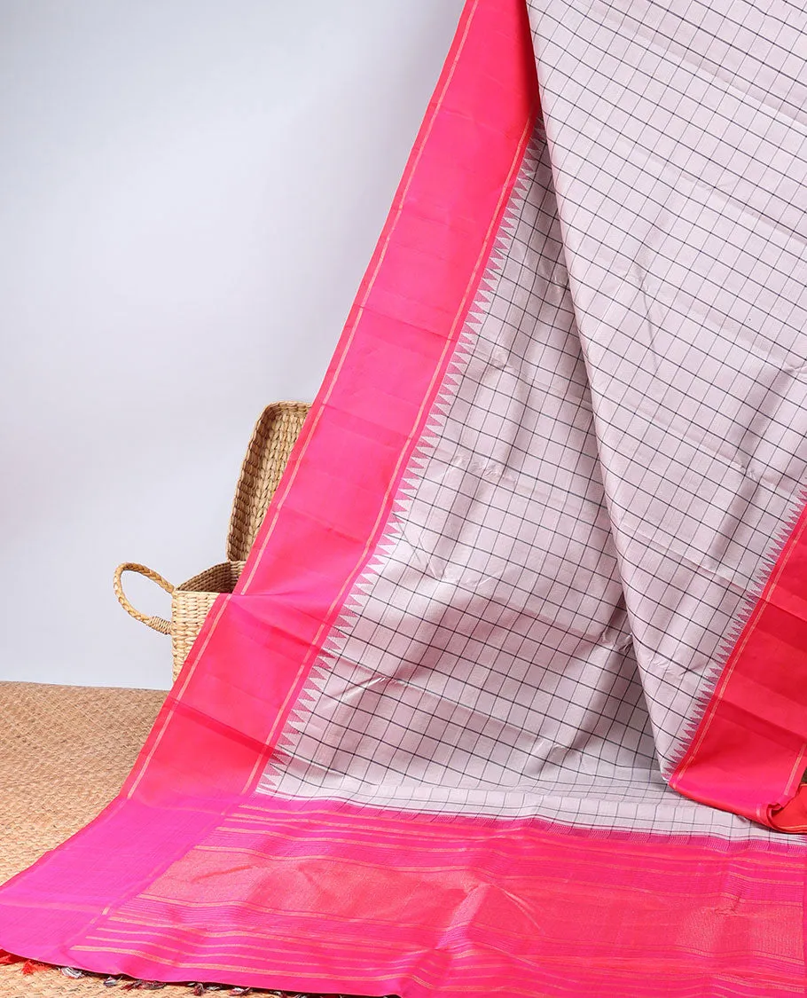 Grey checked design kancheepuram silk saree, contrast rettai pettu border & pallu of zari designs