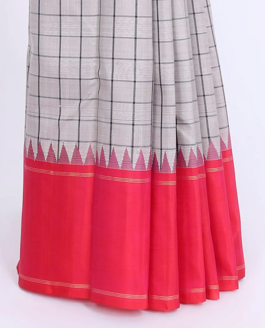 Grey checked design kancheepuram silk saree, contrast rettai pettu border & pallu of zari designs
