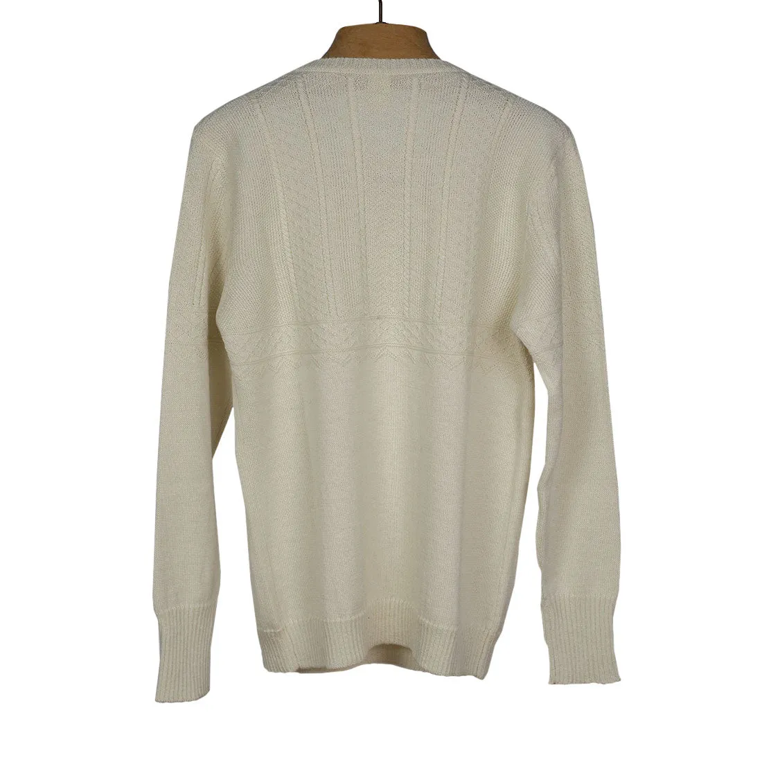 Guernsey-style cable crewneck sweater, "Corda" ecru merino wool