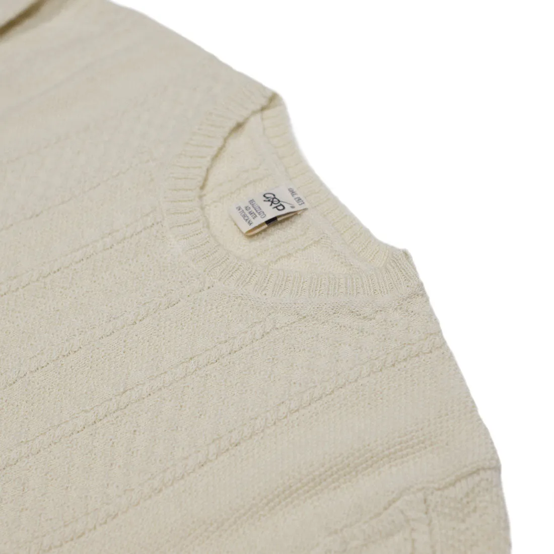 Guernsey-style cable crewneck sweater, "Corda" ecru merino wool