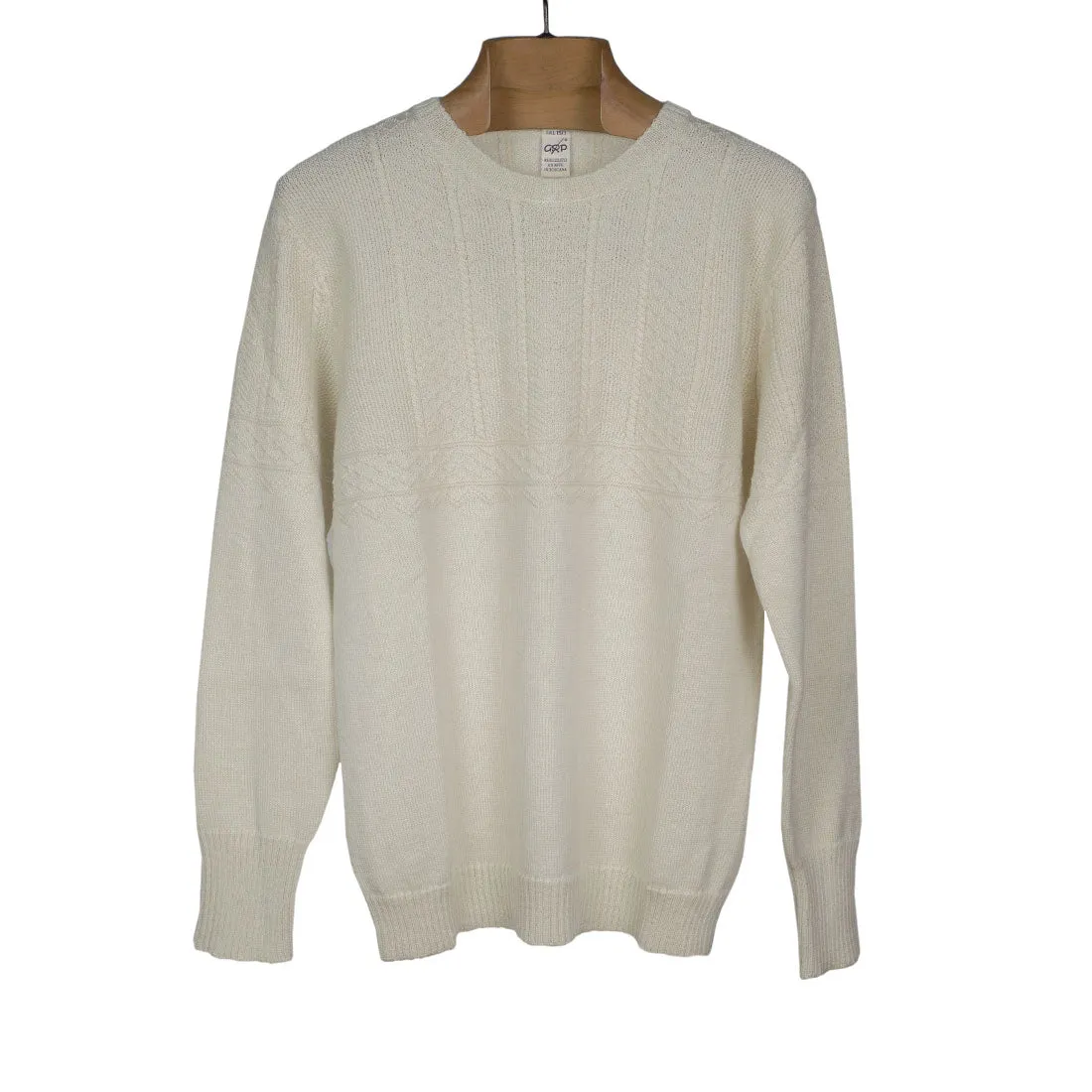 Guernsey-style cable crewneck sweater, "Corda" ecru merino wool