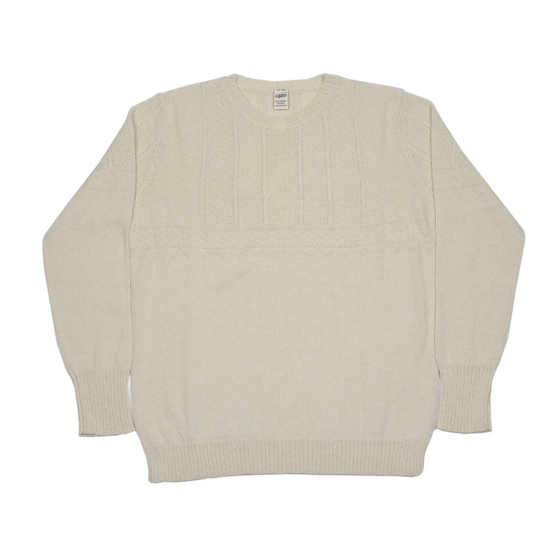 Guernsey-style cable crewneck sweater, "Corda" ecru merino wool