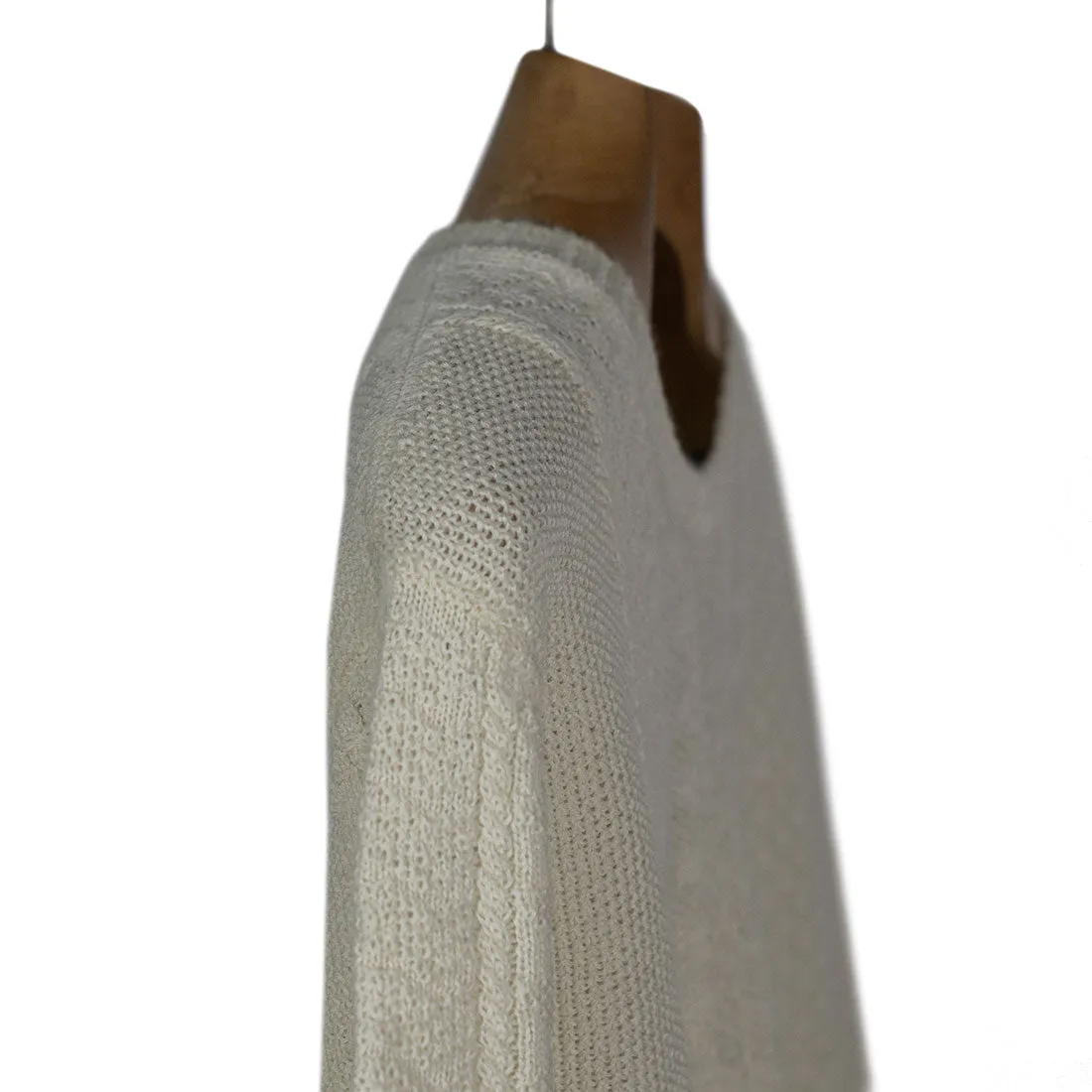 Guernsey-style cable crewneck sweater, "Corda" ecru merino wool