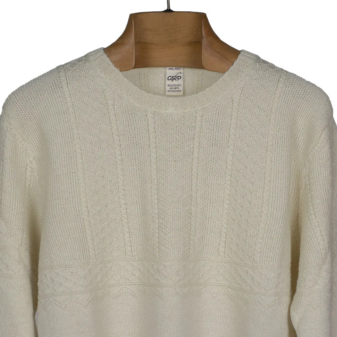Guernsey-style cable crewneck sweater, "Corda" ecru merino wool