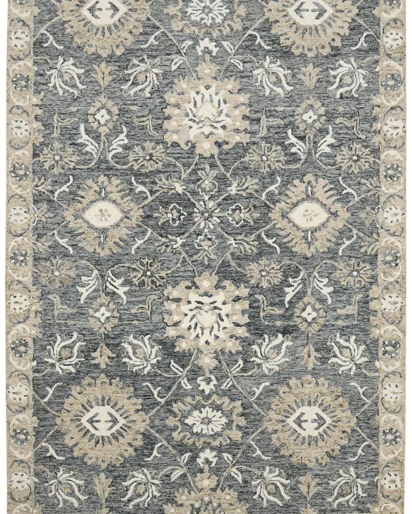Hand-Tufted Grey Wool Rug with Floral Pattern | 8 x 10 Feet