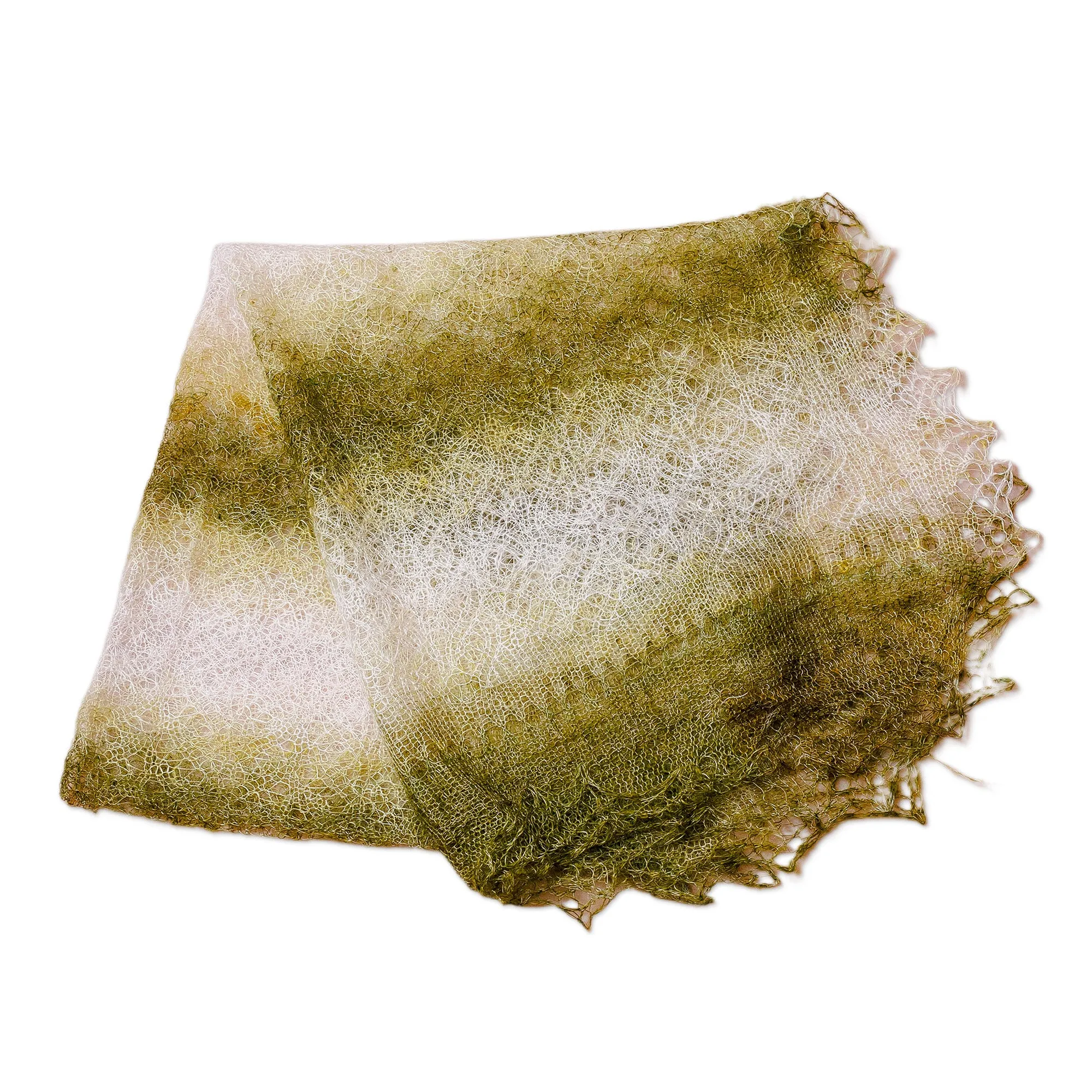 Handwoven Soft 100% Cashmere Wool Scarf in Green and White - Nature's Act | NOVICA