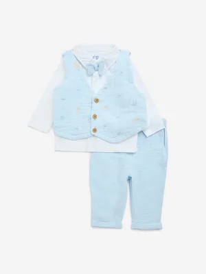 HOP Baby Light Blue Textured Cotton Shirt, Waistcoat, Trousers and Bow Set