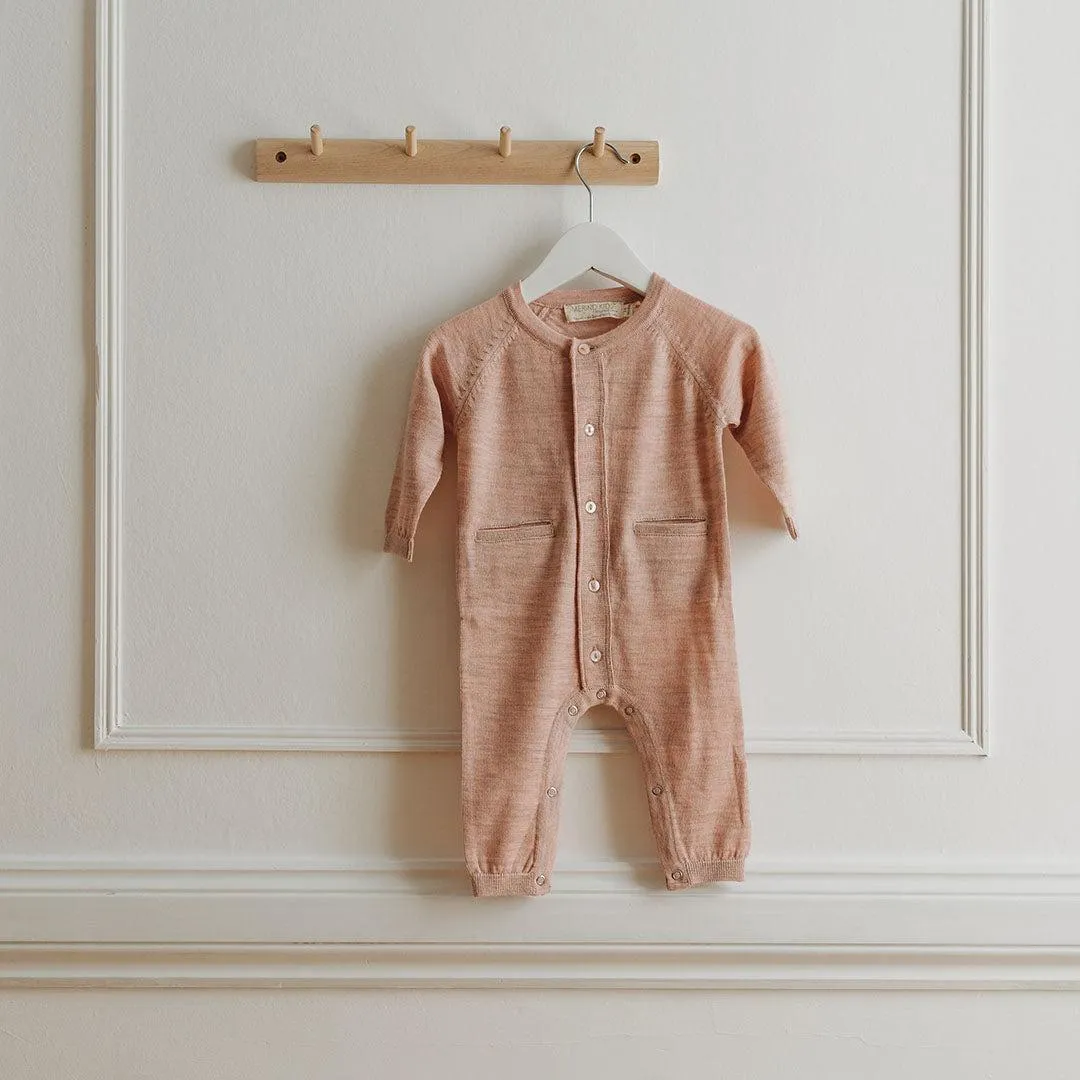 Merino Kids All-In-One Button Through Bodysuit - Misty Rose