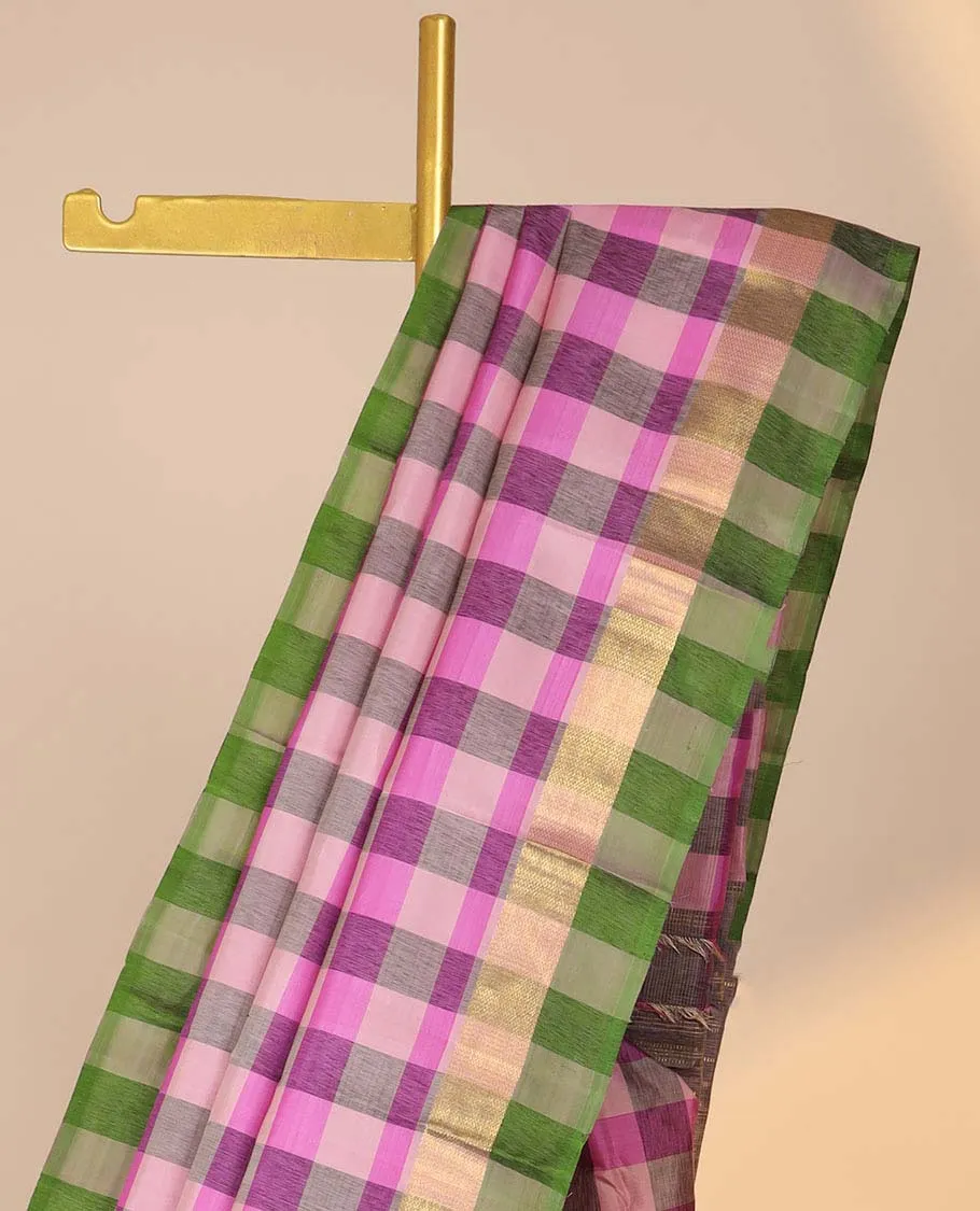 Multi-color checked-design kancheepuram silksaree, contrast border & zari design pallu