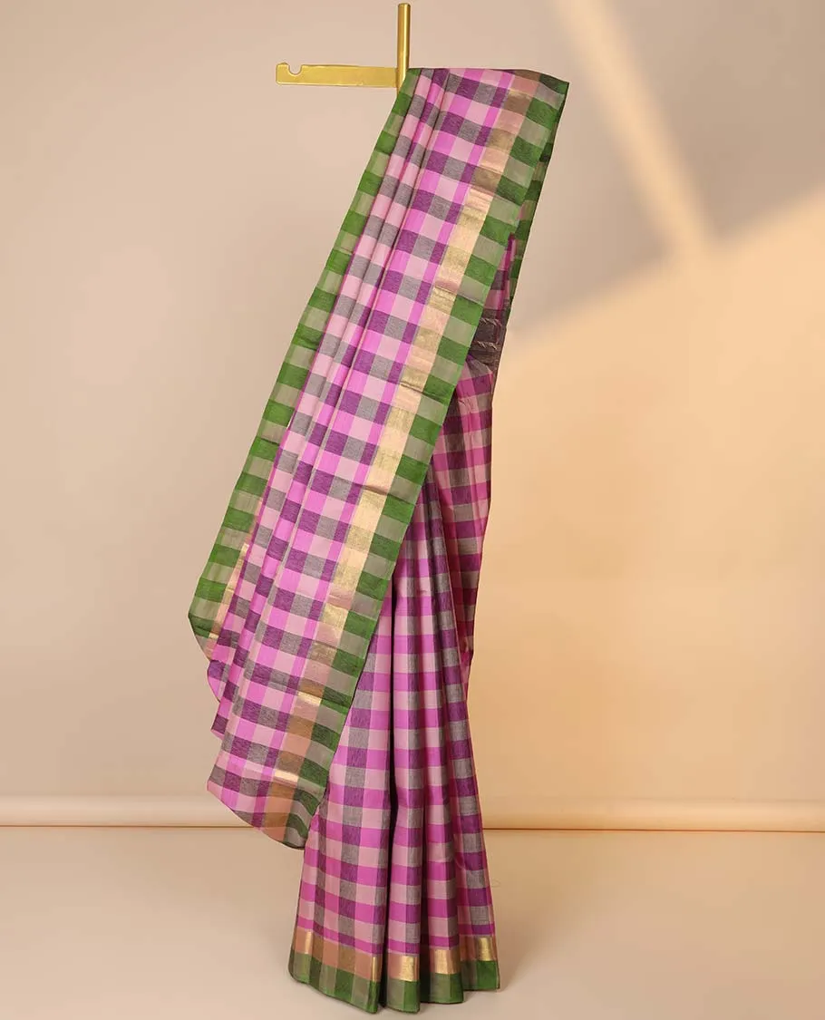 Multi-color checked-design kancheepuram silksaree, contrast border & zari design pallu