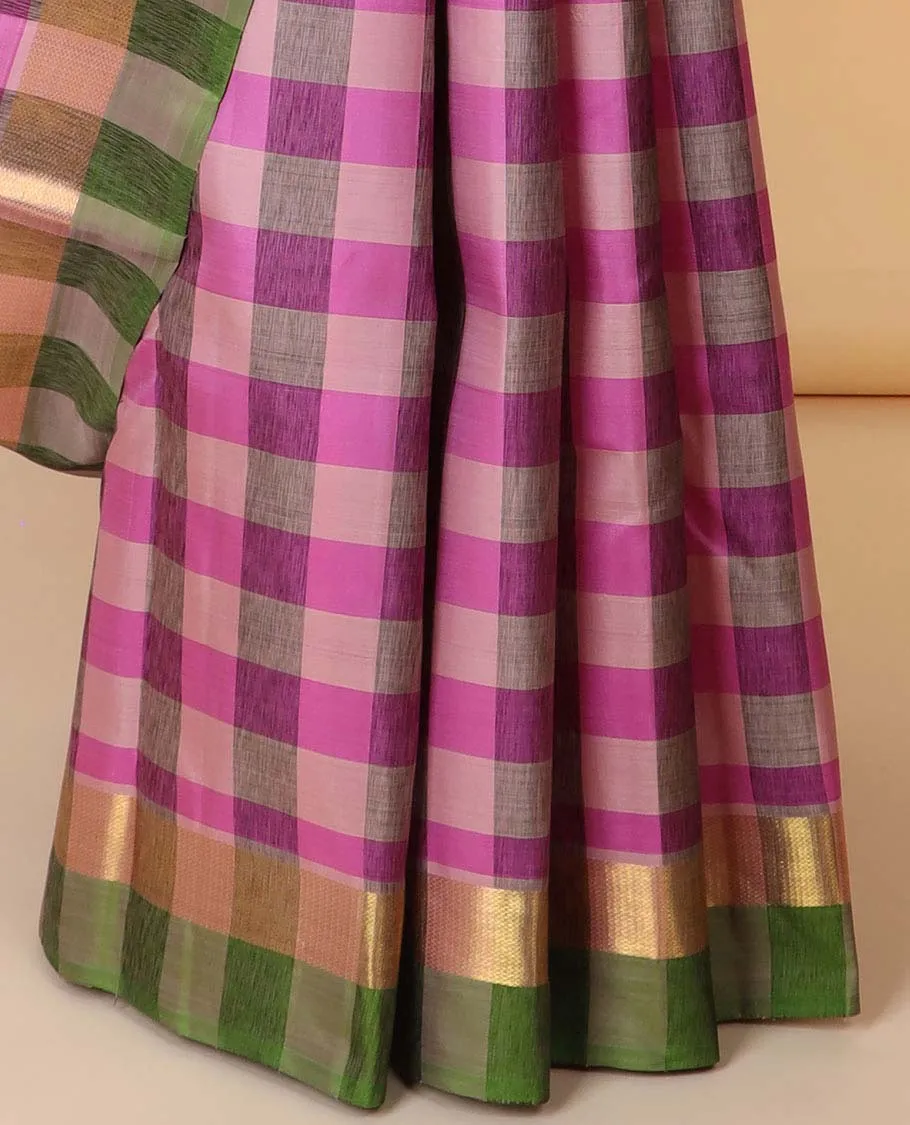 Multi-color checked-design kancheepuram silksaree, contrast border & zari design pallu