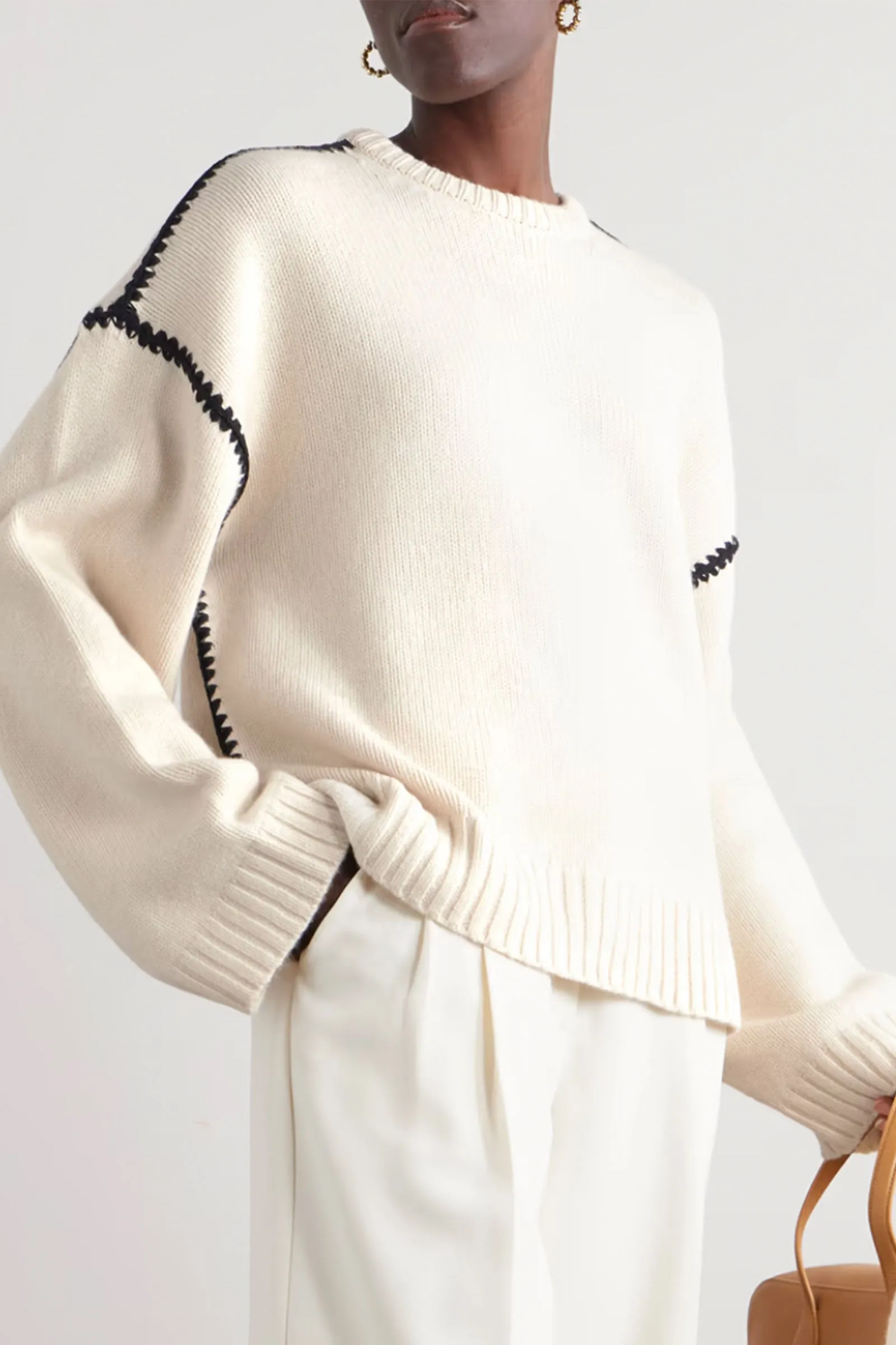 Oversized whipstitched wool, cashmere and cotton-blend sweater