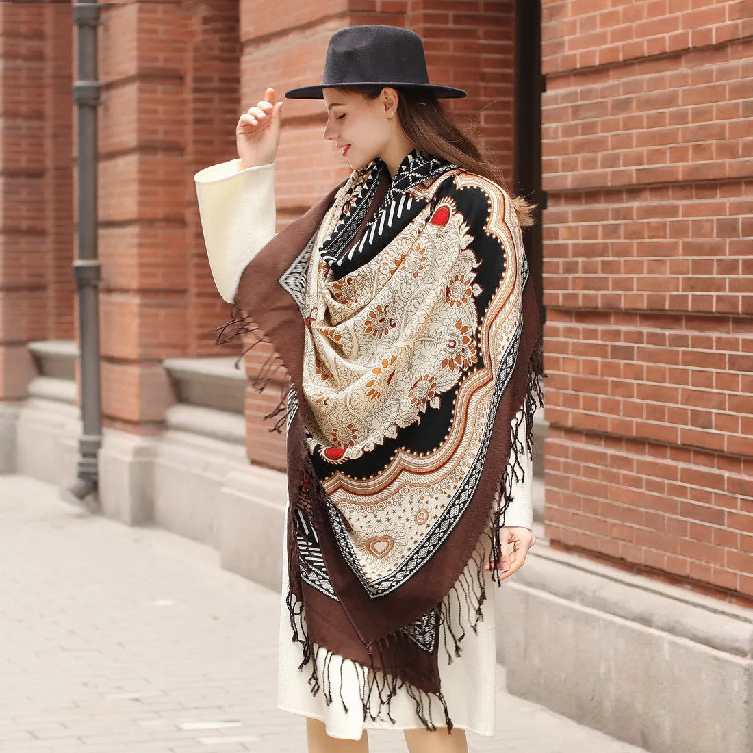 Oversized Women's Wool Cape - Multifunctional Ethnic Elegance with Plants and Flowers Pattern in Rich Brown