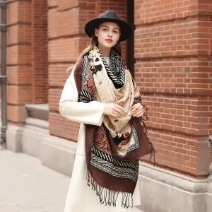 Oversized Women's Wool Cape - Multifunctional Ethnic Elegance with Plants and Flowers Pattern in Rich Brown