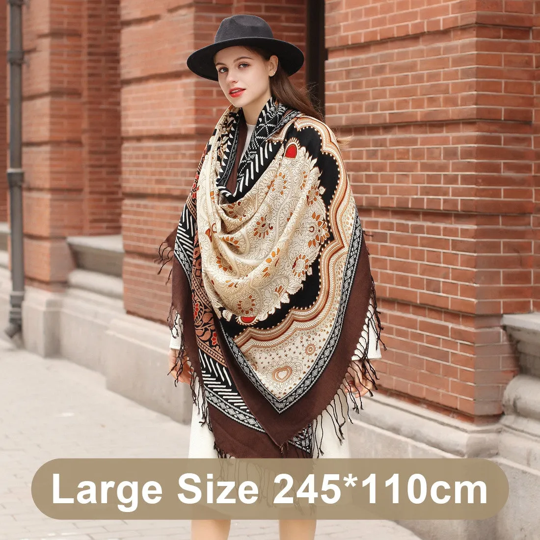 Oversized Women's Wool Cape - Multifunctional Ethnic Elegance with Plants and Flowers Pattern in Rich Brown