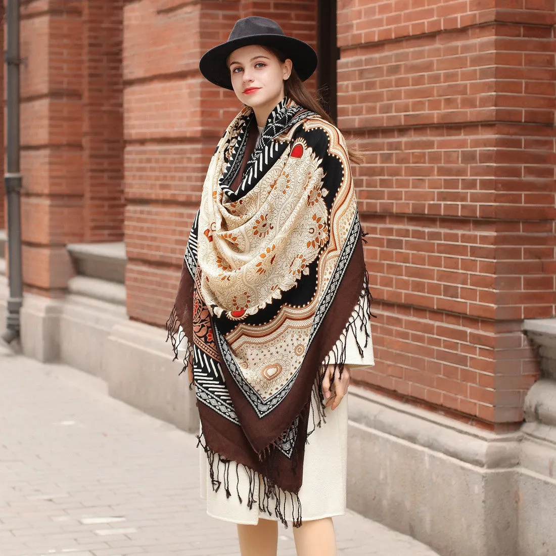 Oversized Women's Wool Cape - Multifunctional Ethnic Elegance with Plants and Flowers Pattern in Rich Brown